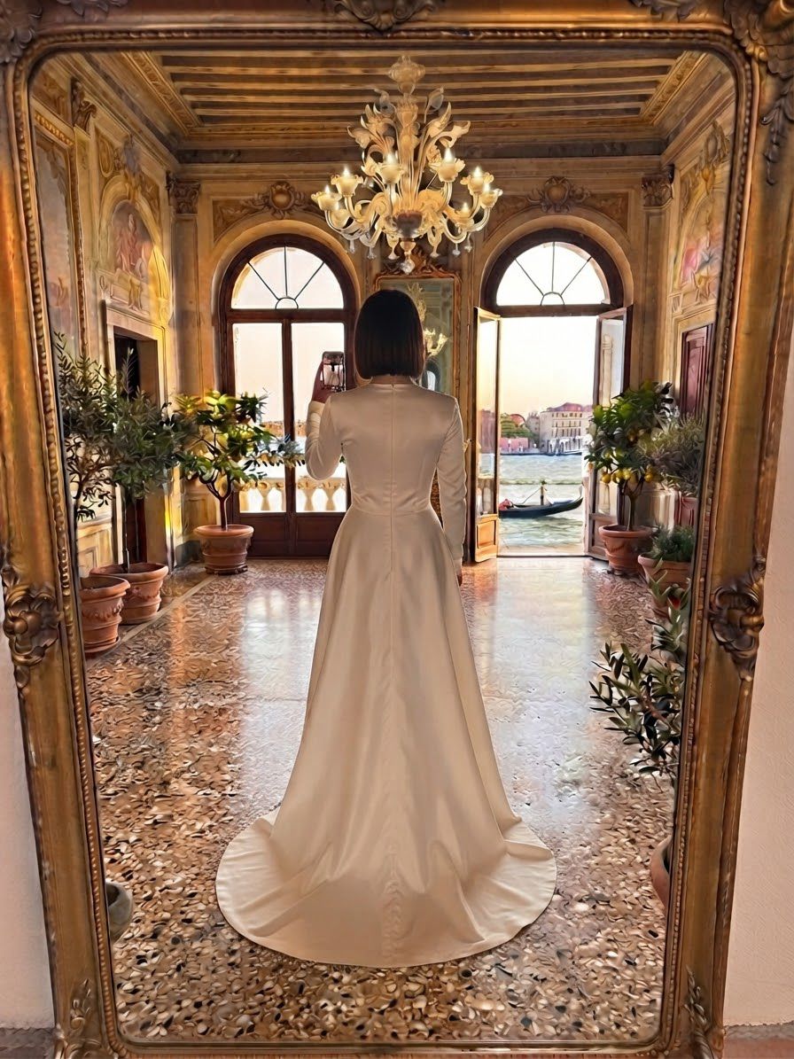 Langarm-Satinkleid in Ivory – Ansicht 2